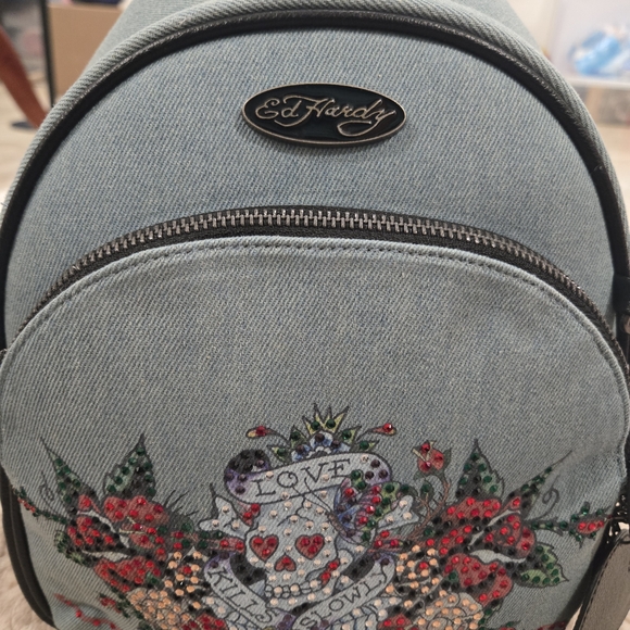 Ed Hardy Mini Blue Denim Back Pack Love Kills Slowly Skull Y2K NWT - Picture 6 of 15